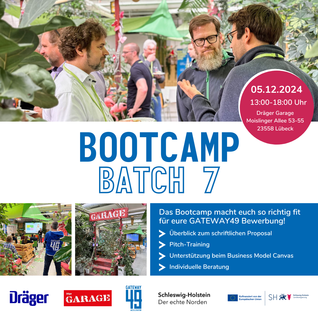 BOOTCAMP BATCH 7 am 5. Dezember 2024 in der Dräger Garage Lübeck: Event zur Vorbereitung auf die GATEWAY49-Bewerbung mit Fokus auf Business Model Canvas, Pitch Training und individueller Beratung.